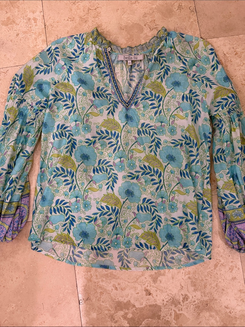 Bella Tu Blue Floral V-Neck Blouse